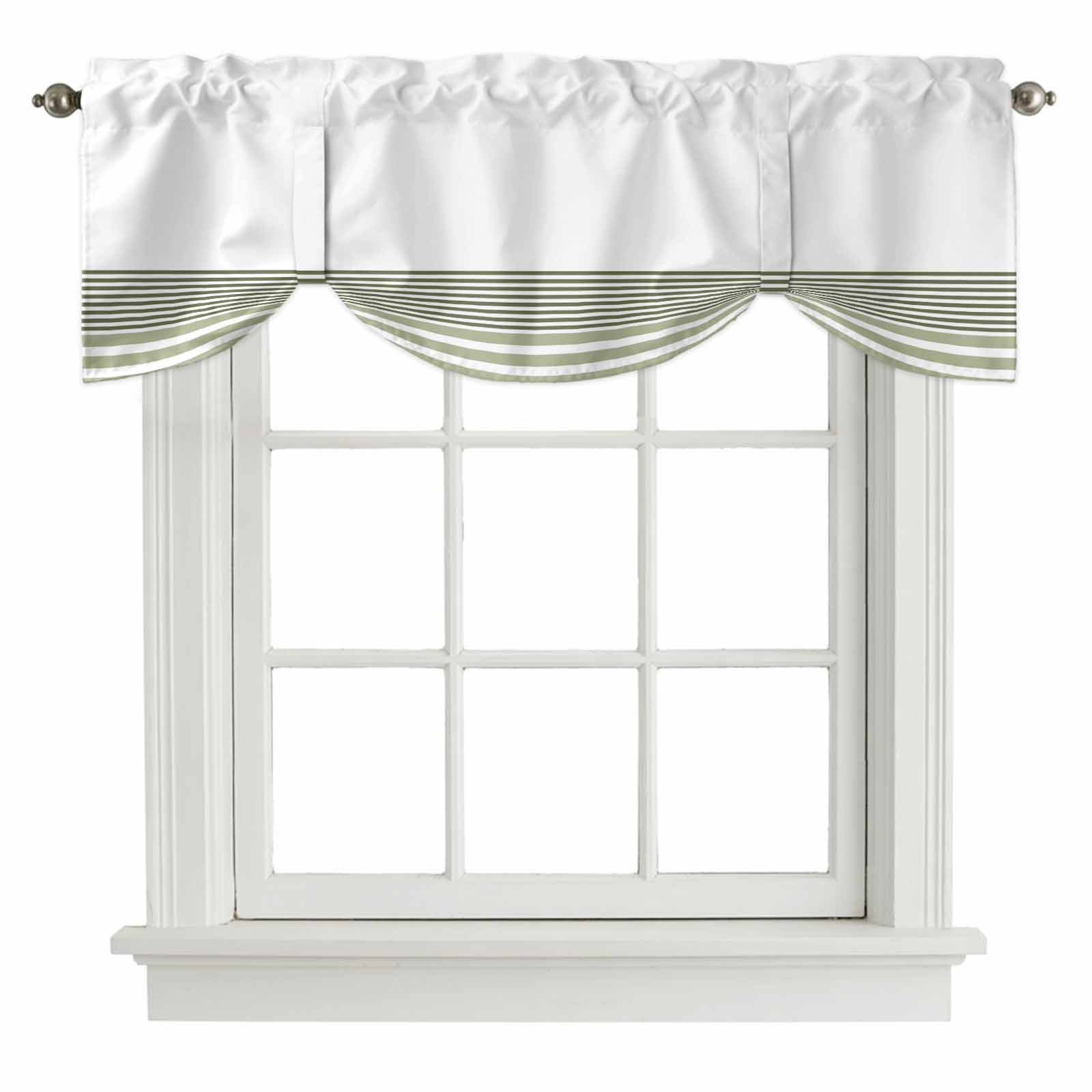 Modern Sage Tie Up Valances Curtain, Adjustable Kitchen Green Classic Stripe Valances for Windows Decor, Rod Pocket Short Curtains Set for Bedroom/Bathroom, 60"x18"