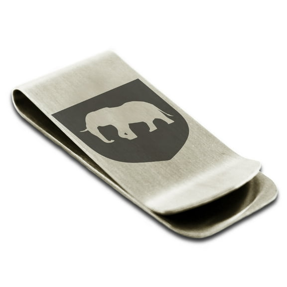 Stainless Steel Elephant Strength Coat of Arms Shield Engraved Money Clip Credit Card Holder
