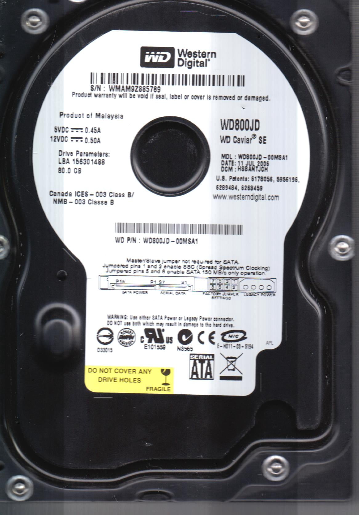 Wd800jd WD800JD-00MSA1, DCM HSBANTJCH, Western Digital 80GB SATA 3.5 Hard Drive ...