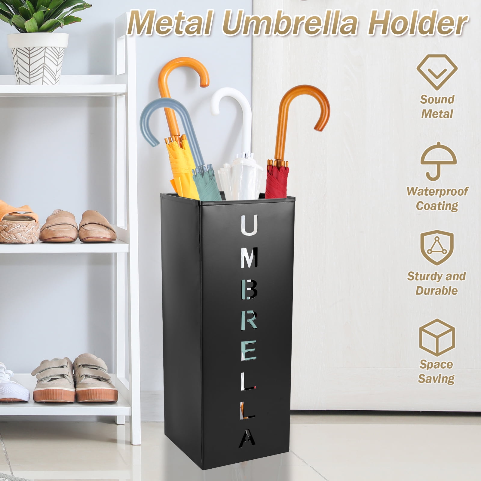 Eummy Metal Umbrella Holder Umbrella Stand Rack 16.5x6.3x6.3inchDecorative Umbrella Holder Bin Multipurpose Walking Sticks Holder  for Home Entryway Office Hotel and Supermarket
