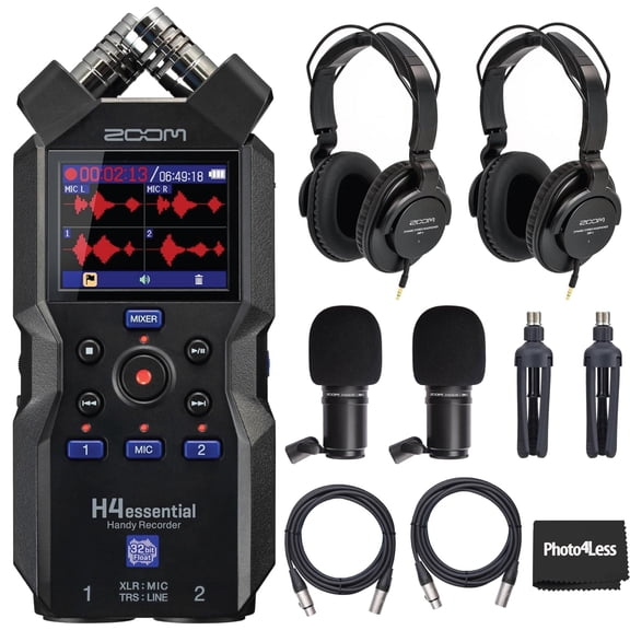 Zoom H4essential 4-Track Handy Recorder Bundle with 2x Zoom ZDM-1 Podcast Dynamic Microphone, ZHP-1 Headphones, TPS-4 Tripod, Windscreen, XLR Cable