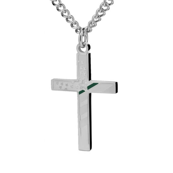 Stainless Steel Men's Thin Green Line Cross Necklace - Joshua 1:9 by Shields of Strength