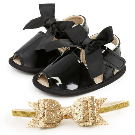 

0-18M Newborn Baby Girls Sandals with Headband Pu Leather Sequins Bowknot Soft Sole Girl Shoes Infant:12-18 Months