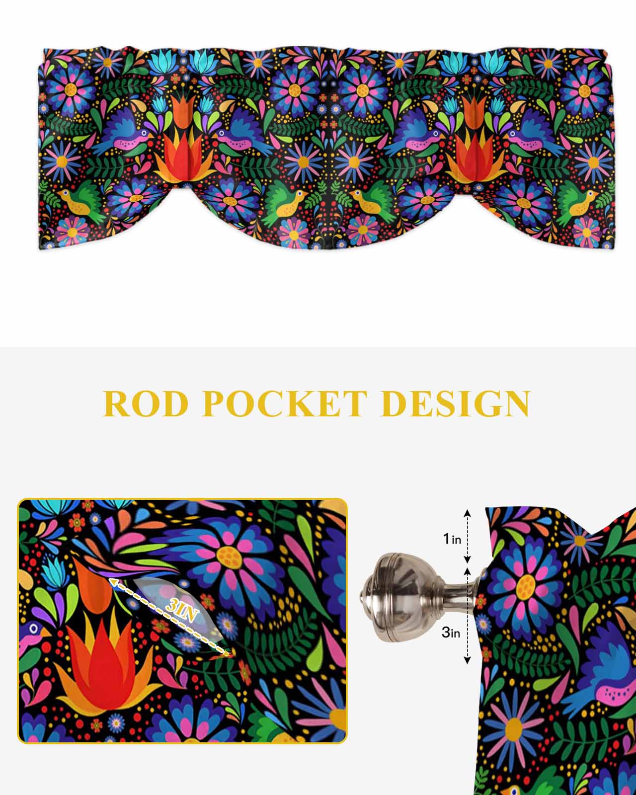 Colorful Mexican Floral Tie Up Valances Curtain, Adjustable Kitchen Bird Rustic Assorted Flower Valances for Windows Decor, Rod Pocket Short Curtains Set for Bedroom/Bathroom, 60"x18"