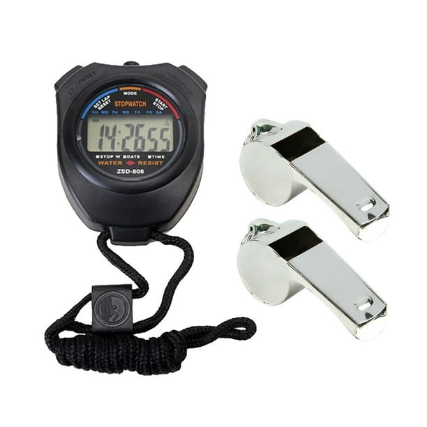 EeaseMX Cronómetro profesional y silbatos Cronómetro de doble canal Temporizador electrónico multifuncional Cronómetro deportivo de mano con silbatos para correr, competir, nadar
