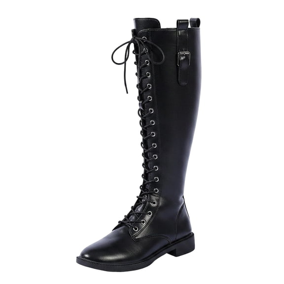 Y-375 Black Ladies Casual Solid Fall Winter Boots Round Toe Lace Up Low Heel Fashionable Knee High Boots