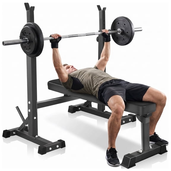 Primy Adjustable Bench Press, Foldable Olympic Weight Bench with Squat Rack Workout Bench Barbell Rack Stand Strength Training Home Gym Multi-Function for Small Apartments