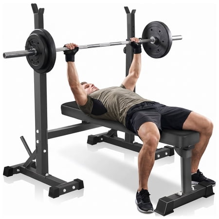 Primy Adjustable Bench Press, Foldable Olympic Weight Bench with Squat Rack Workout Bench Barbell Rack Stand Strength Training Home Gym Multi-Function for Small Apartments