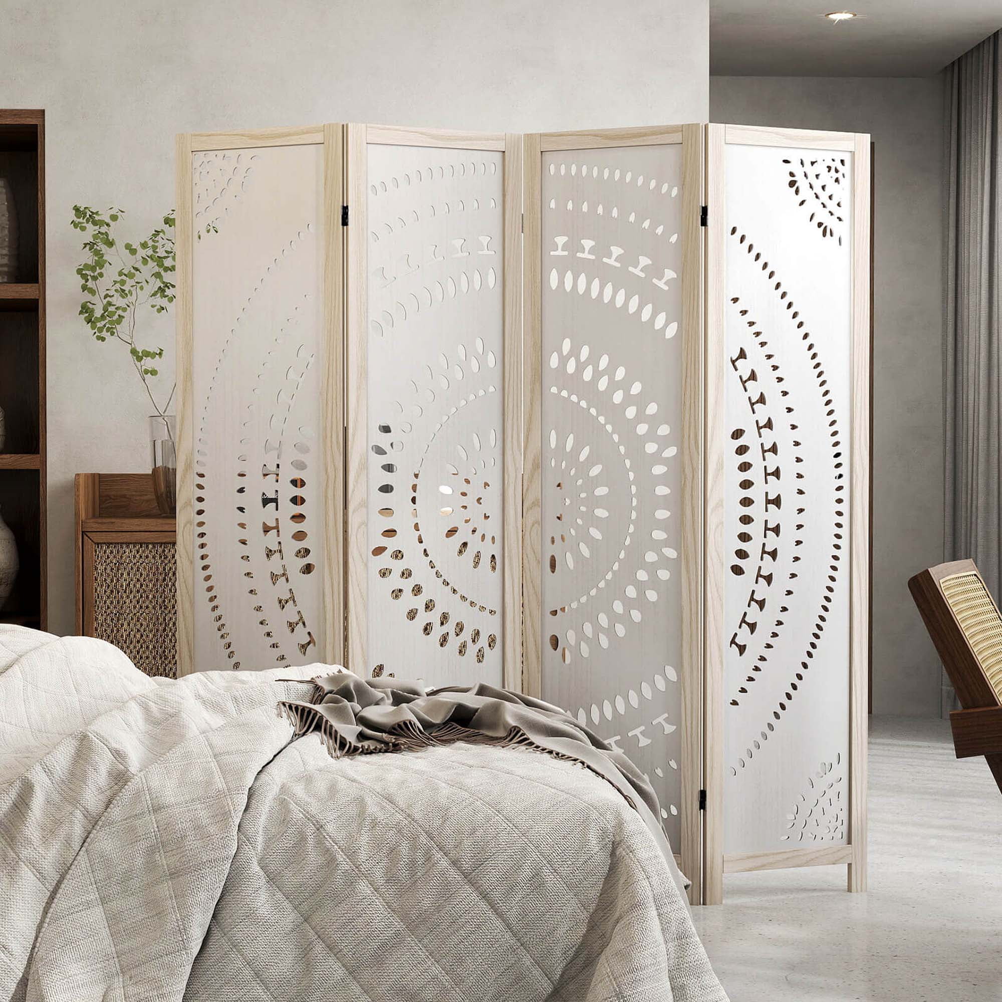 Costway 66" Boho 4-Panel Room Divider with Carved Pattern & Solid Wood Frame 360° Hinges