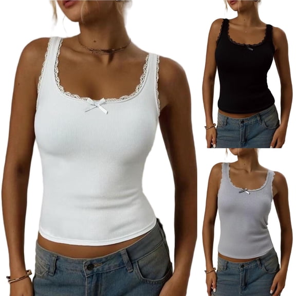 Bixock Women Built-in Bra Tank Tops Solid Color Square Neck Lace Sleeveless Wireless T Shirta Bras With Padded Cups Daily Bras
