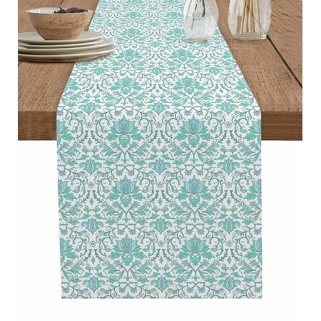 

Floral Table Runner 13x36 Inch Ethnic Style Retro Medieval Green Flowers Table Runners Dresser Scarves Holiday Kitchen Dining Table Decoration for Home Party Indoor