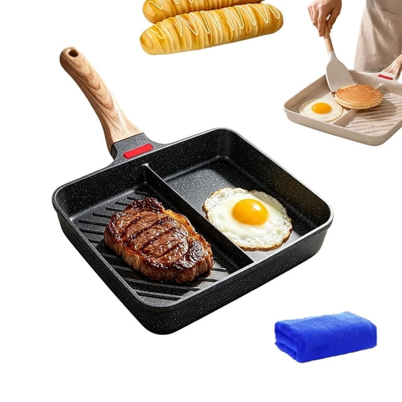 Divided Grill Pan NonStick Breakfast Skillet, Divided Frying Pan, 2 Section 1 Piece, Temperature-Sensitive Frying Pan For Both Gas Stoves And Induction Cookers(black)