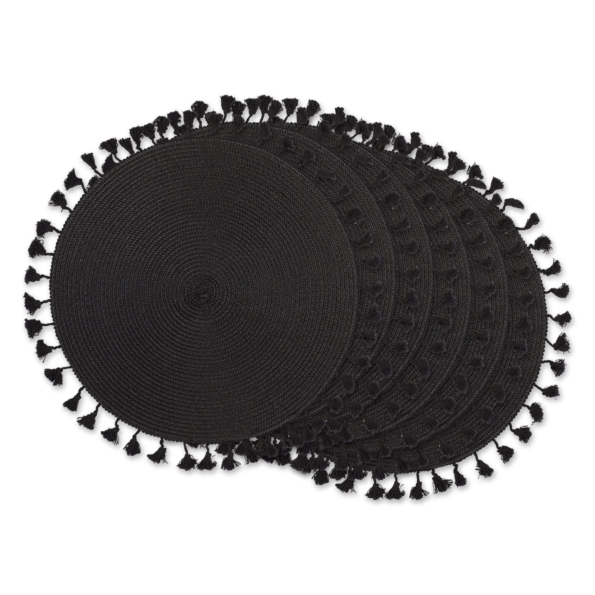 DII Black Tassel Fringe Pp Woven Round Placemat Set of 6