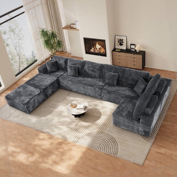 Wiilayok 177" U Shaped Oversized Cloud Sofa Set, Modern Modular 8-Seat Sectional with Deep Seat, Boneless Upholstered Compression Couch for Living Room, Plush Corduroy Fabric, Dark Gray