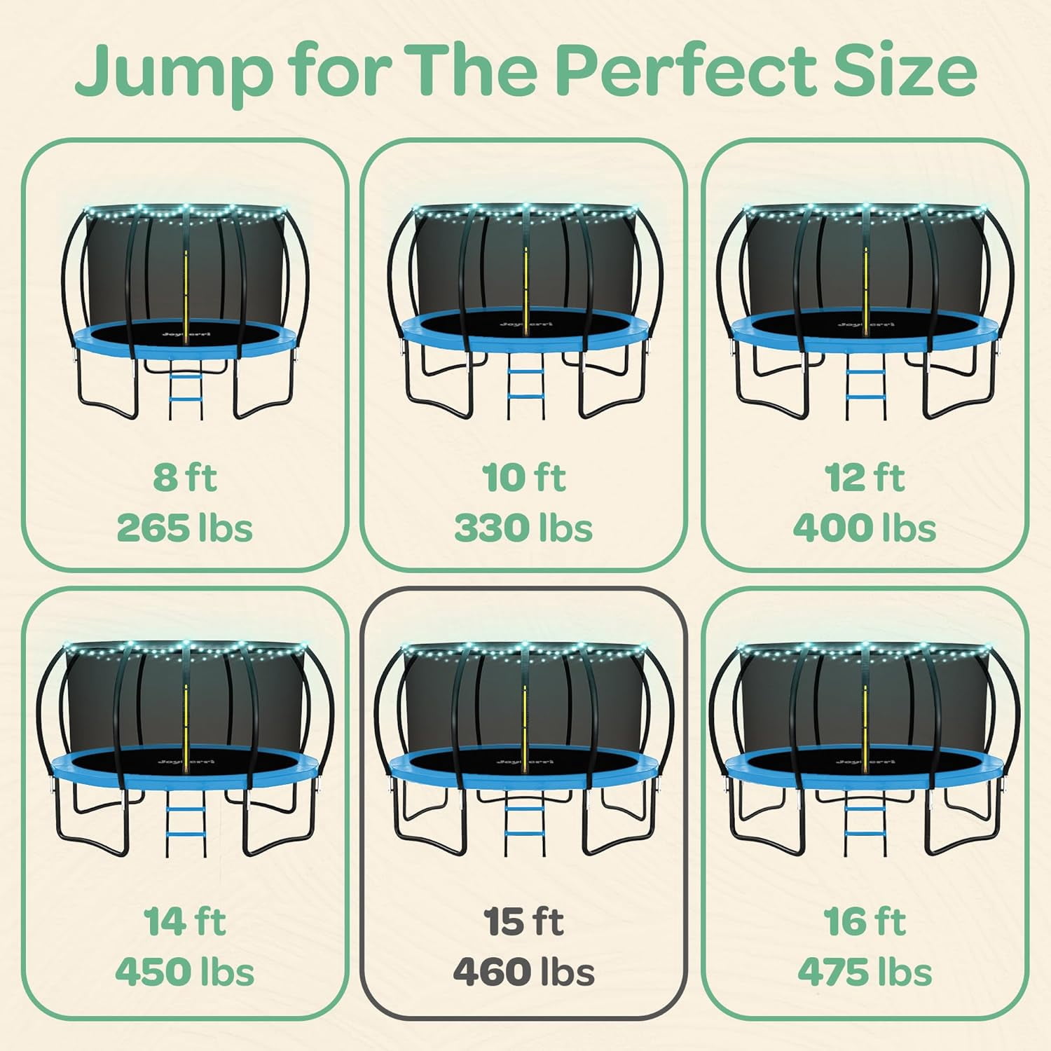 JoyBerri Outdoor Trampoline with Safety Enclosure, Ladder, LED Lights & Sprinkler – ASTM Certified, Rust-Resistant Steel Frame – Sizes 15F - Blue
