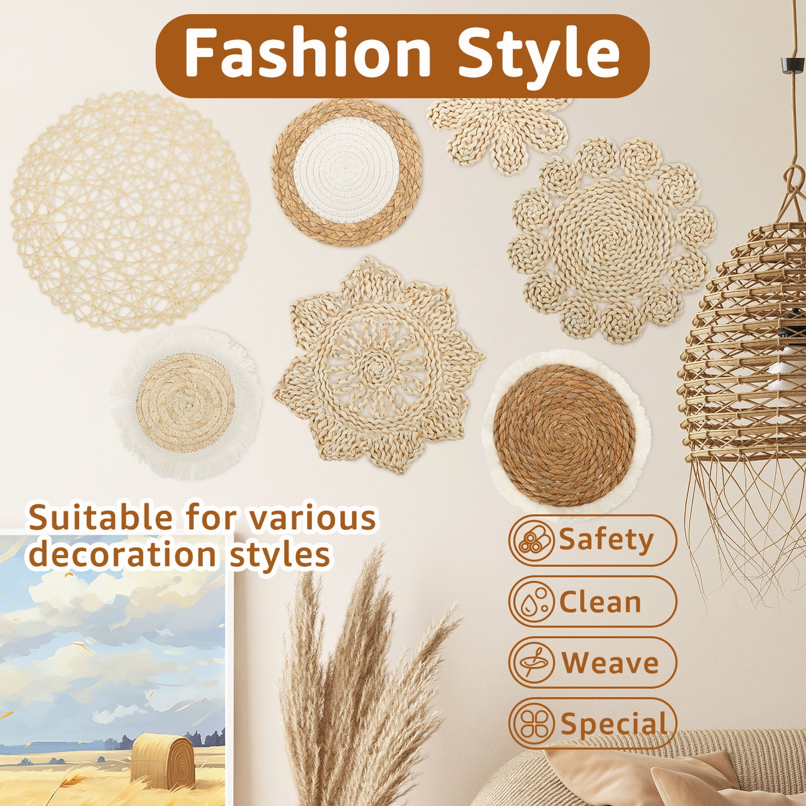 7PCS Wall Baskets Decor Bohemian Style Handmade Rattan Wicker Wall Baskets Easy to Clean Safe Basket Wall Art Versatile Hanging Woven Wall Basket Odorless Round Wall Art