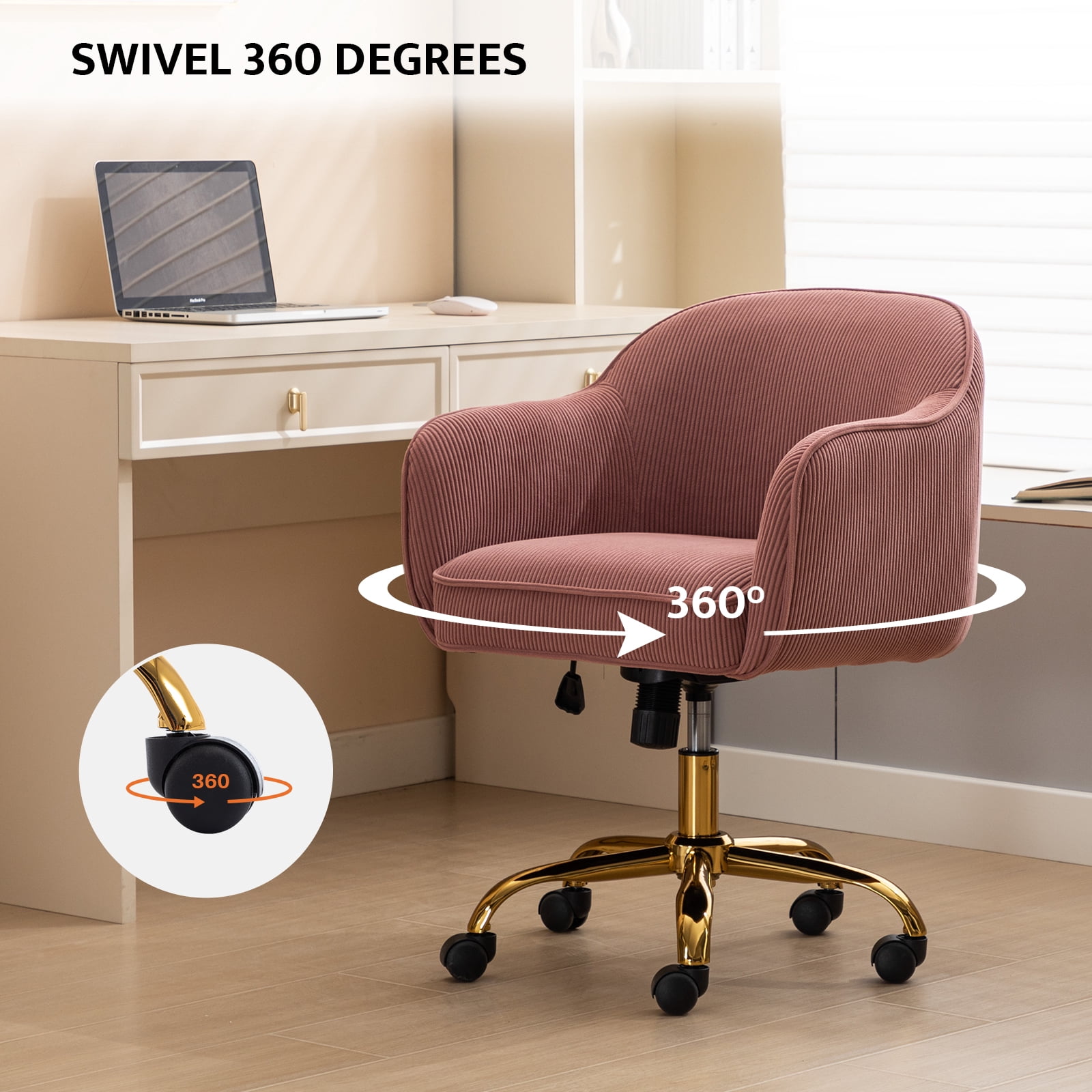 BRILHAMEZ Velvet Office Chair, Ergonomic Desk Chair with Adjustable Height, 360° Swivel, Padded Armrests for Home Office, Pink