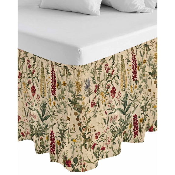 Rustic Botanical Wrap Around Bed Skirts for California King Bed 16" Drop,Bed Skirt with Adjustable Elastic Belt Dust Ruffle Bed Valance for Bedroom Hotel Vintage Floral Wildflower Bed Frame Cover