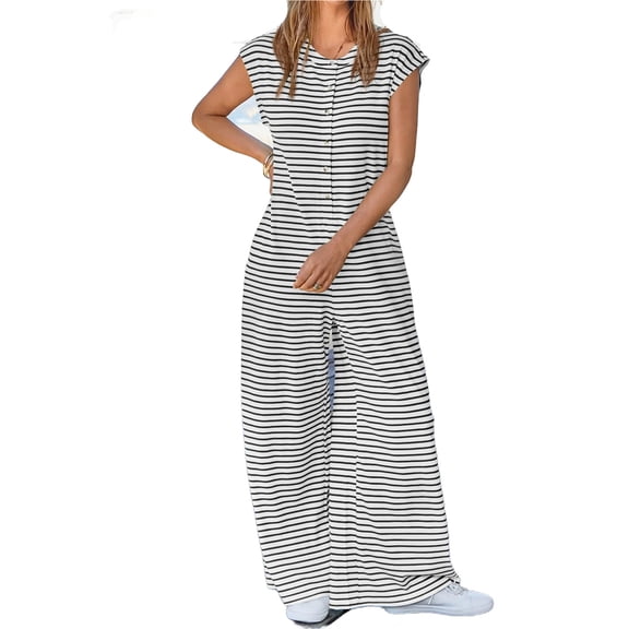 Women's Short Sleeve Wide Leg Striped Bodysuit Casual Round Neck Bodysuit Button Summer Suit