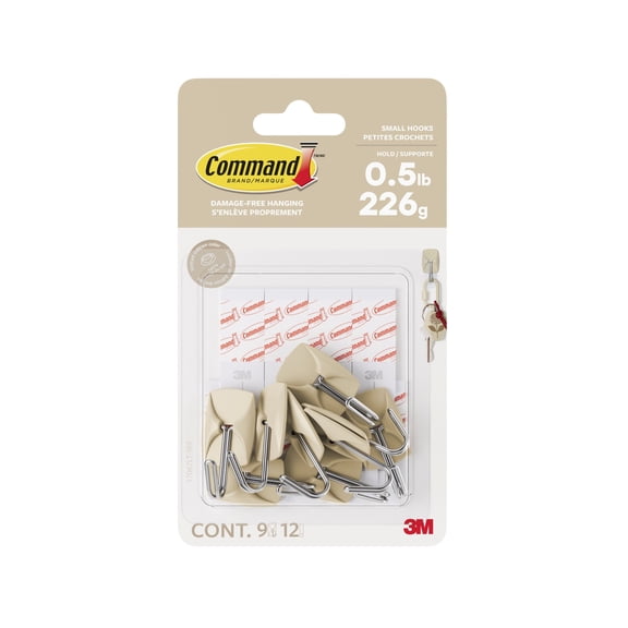 Command Small Wire Hooks, Latte, Holds .5 lbs, 9 Hooks, 12 Adhesive Strips