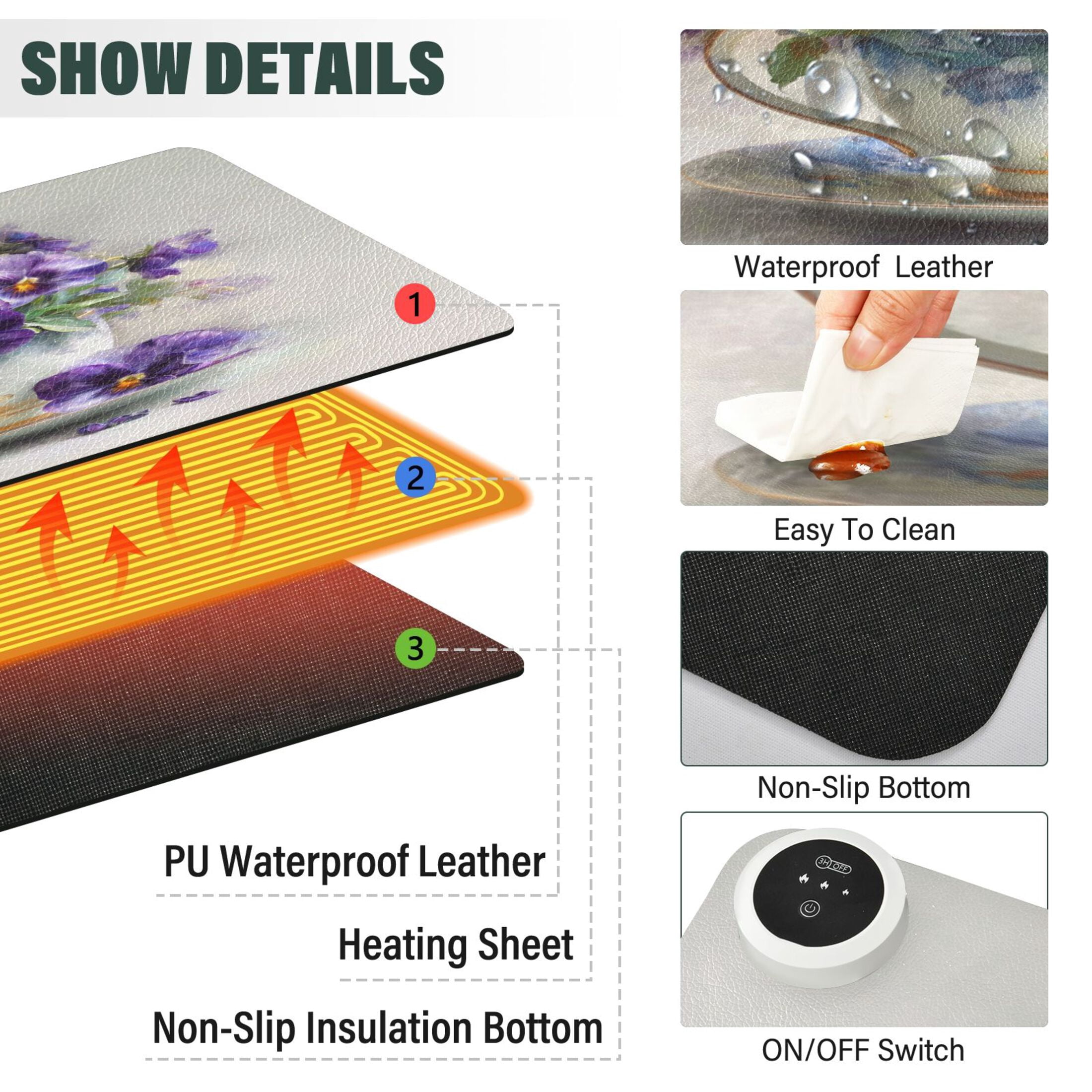 Large Heated Desk Mat Mouse Pad 31.5"x13"PU Leather Graphene Heating Desk Warmer with 3 Temperature Settings 110V US Plug Non-Slip Warm Pad for Home, Office, and Gaming Oil Painting Of Pansies