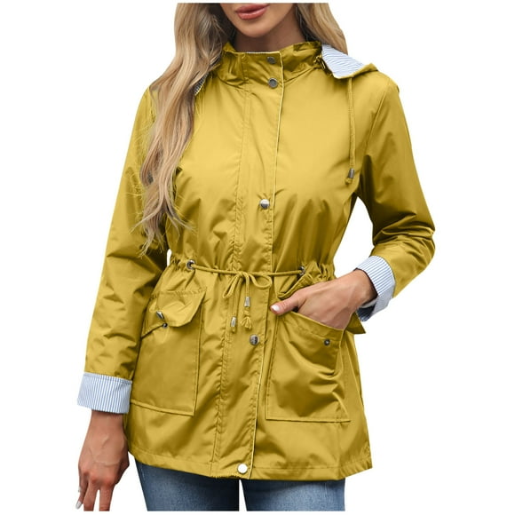 Enjoytime Trench Coat Women Solid Color Long Sleeve Casual Outerwear with Hood Fashion Comfy Winter Jackets Plus Size Clothes Yellow XL
