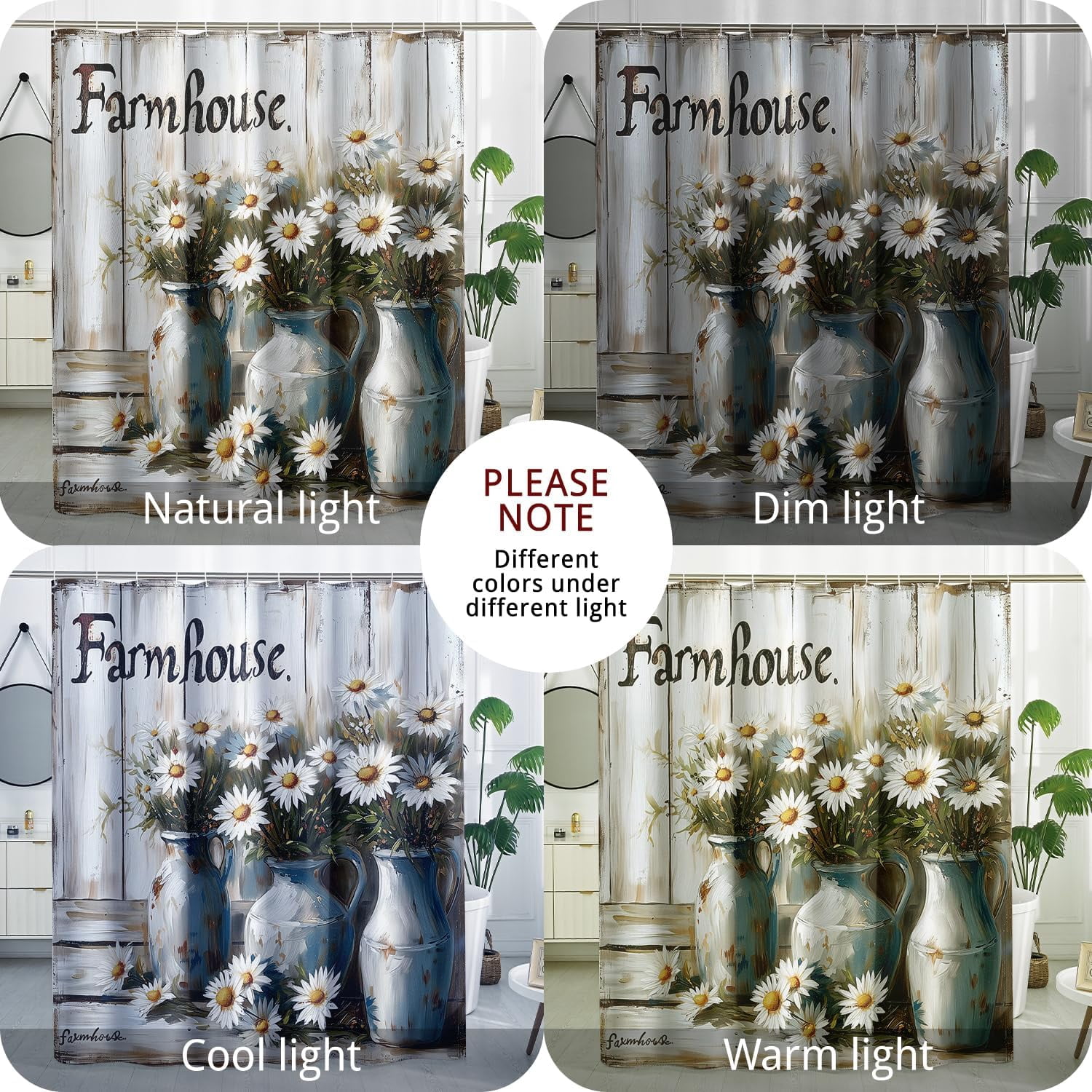 Farmhouse Daisy Shower Curtain Rustic Country Floral Vase Shower Curtain Bathroom Decor Polyester Fabric-72" x 72"