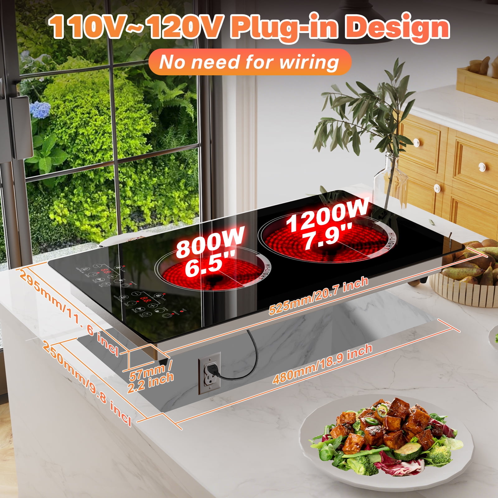 Nardea 12" 2 Burner Electric Cooktop, Built-in Infrared Ceramic Hot Plate with Dual Controls, 120V Plug-in Countertop Cooker, Compact Cooktop Electric for Kitchen & RV