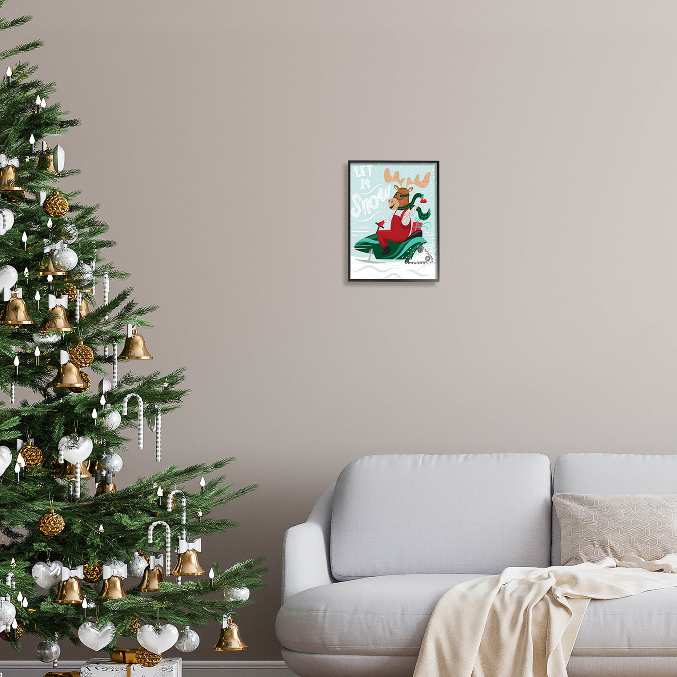 Let It Snow Moose Sleigh Holiday Graphic Art Black Framed Art Print Wall Art