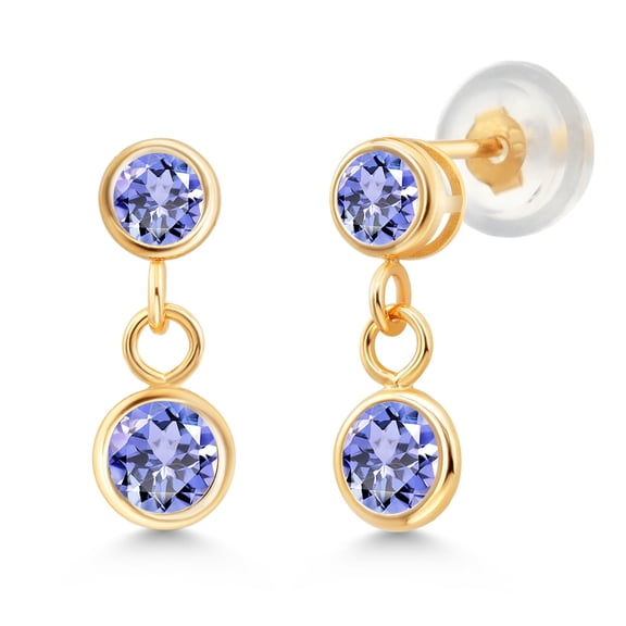 Gem Stone King 14K Yellow Gold Blue Tanzanite Drop Dangle Earrings for Women (0.90 Cttw, Gemstone Birthstone, Round 4MM and 3MM)