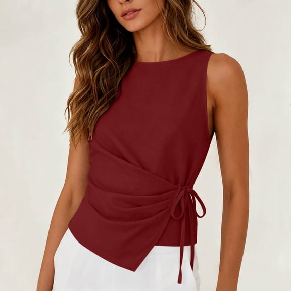 Karymi Plus Size Tops for Women Crew Neck Sleeveless Tank Top, Side Tie Wrap Waist Fake Linen Blend Blouse, Solid Irregular Hem Casual Summer Vest Shirts for Women