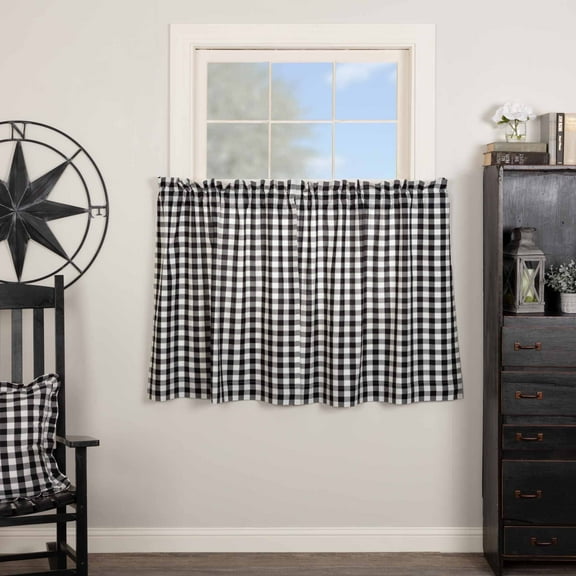 VHC Brands Annie Buffalo Check Cotton Farmhouse Kitchen Curtains Rod Pocket 36x36 Tier Pair, Black