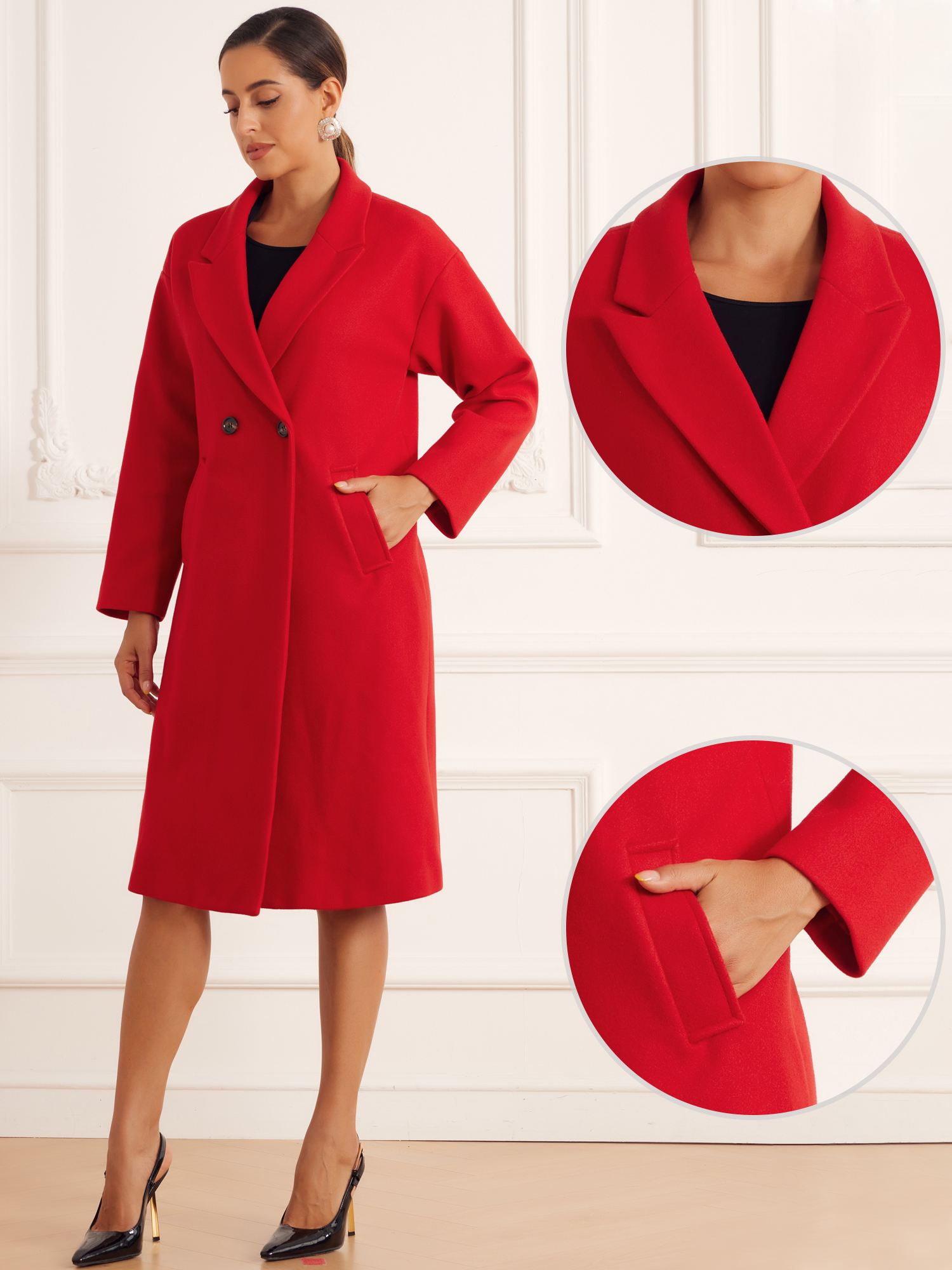 DARING DIVA Women's Winter Overcoat Notch Lapel Double-Breasted Mid-Length Long Coat L Red