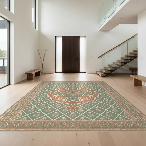 Design&I 8'x10' Washable Area Rug Snag-Free Retro Circle Round Botanical Scroll Border Circular Vintage Grid Playful for Dining Room, Large Office, Lounge