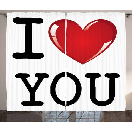 I Love You Curtains 2 Panels Set, Valentines Message Birthday Best Friends Love Celebration Together Theme, Window Drapes for Living Room Bedroom, 108W X 84L Inches, Red White Black, by