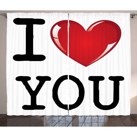 I Love You Curtains 2 Panels Set, Valentines Message Birthday Best Friends Love Celebration Together Theme, Window Drapes for Living Room Bedroom, 108W X 90L Inches, Red White Black, by