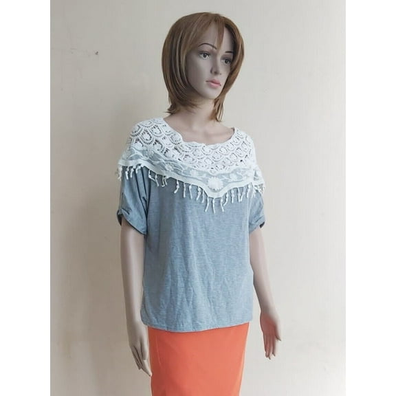 Women´s Blouse Lace Neck One Size Gray/White