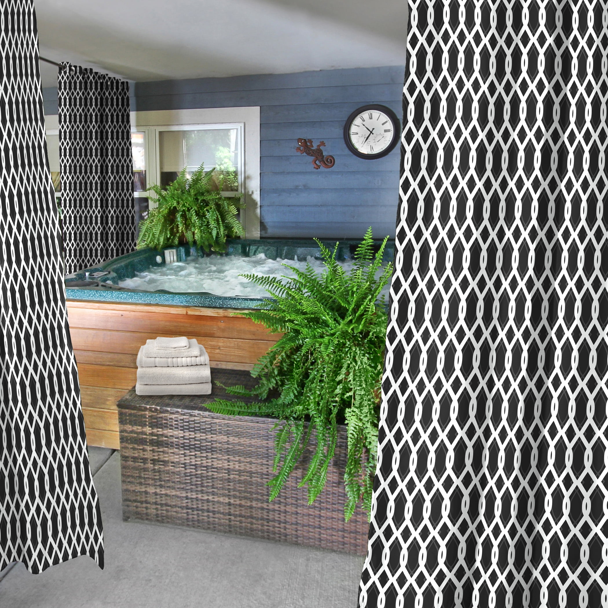 Jordan Manufacturing 54" x 84" Cayo Black Lattice Grommet Semi-sheer Outdoor Curtain Panel (2 Pack)