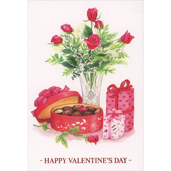 Pictura Open Candy Box, Gifts and Pink Roses in Glass Vase Valentine's Day Card