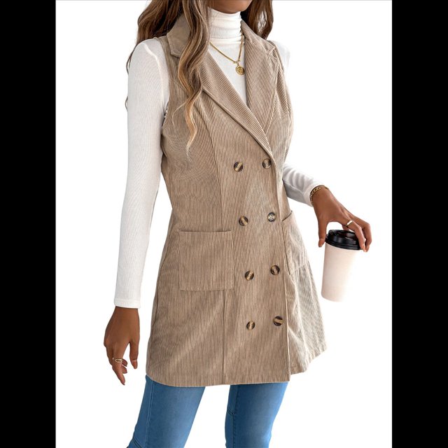 Vestido de Mujer Color Caqui con Bloques de Color, Otoño, Larga, Rayas, Blazer Falso para Mujer. Caqui M