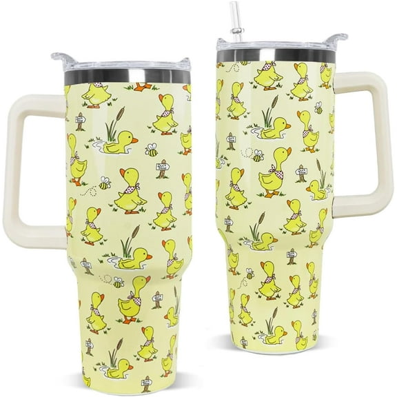 40oz Insulated Stainless Steel Tumbler with Handle & Straw - Cute Duck Design Travel Mug, Coffee Water Bottle, Funny Gift for Women