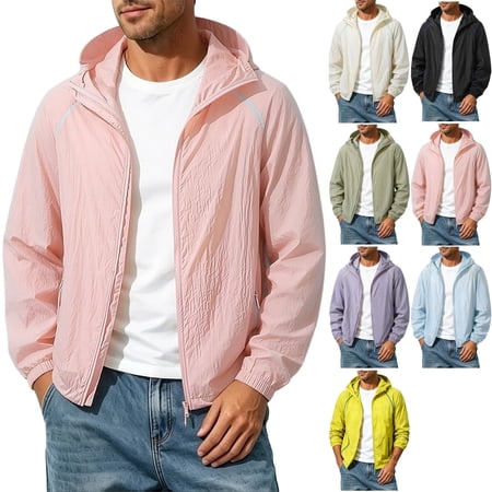Mens Water-Resistant Windbreaker Sun Protection Hooded Jacket Athletic Full Zip Sweatshirt with Zipper Pockets for Hiking Fishing Travel Pink L
