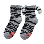 CANKER Women Cute Cat Paw Fuzzy Slipper Socks with Grippers 3D Plush Tail Warm Hosiery