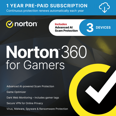 Norton 360 for Gamers for 3 Devices - Includes Advanced AI Scam Protection, Game Optimizer, Gamer tag monitoring, VPN, Dark Web Monitoring & PC Cloud Backup [Download]
