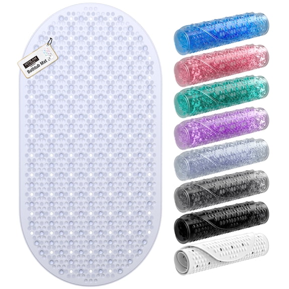 HITSLAM Bath Mat for Tub Non Slip,Oval Bath Mats with Suction Cups and Drain Holes, Machine Washable Shower Mat for Bathroom,27"x15" Clear