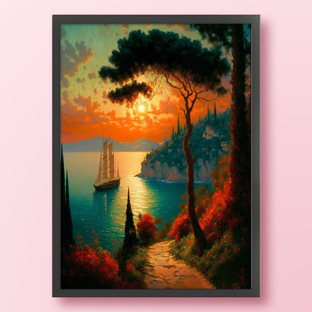 Cuadros Decorativos Bordado completo Hilo de algodón ecológico 11CT Impreso Sunset Velero Kit de punto de cruz Wdftyju embutido en tela