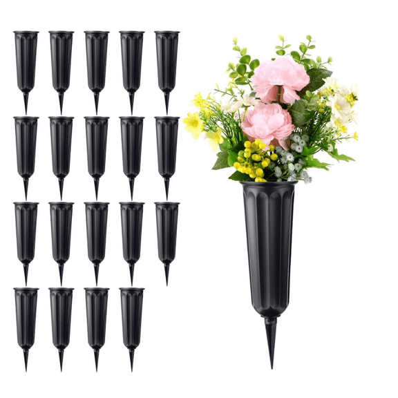 20 Pcs Black Plastic Cemetery Vases with Ground Spikes, Weatherproof Grave Flower Holder, Durable Outdoor Memorial Floral Vase for Headstone, Gravesite & Cemetery Decor