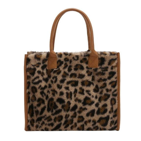 Yucurem Retro Animal Pattern Print Leather Plush Handbag, Winter Large Tote Bags for Travel Commuting (Leopard)