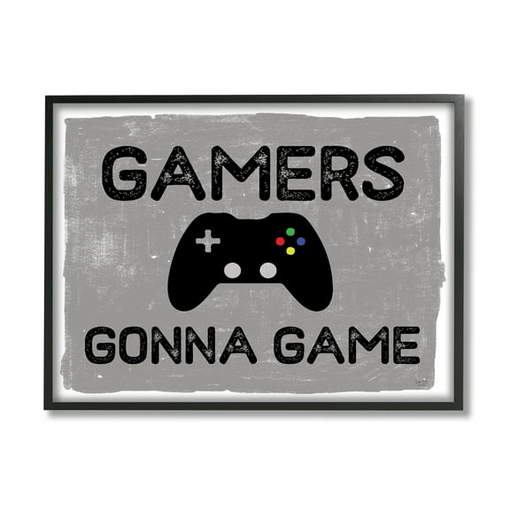 Stupell Industries Gamers Gonna Game Phrase Controller Distressed Pattern Graphic Art Black Framed Art Print Wall Art, 16x20, by Lux   Me Designs