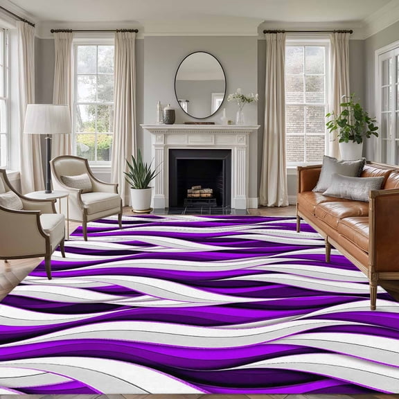 Purple White Stripes Washable Living Room Rugs 8'x10', Abstract Geometric Aesthetic Striped Low Pile Throw Large Area Rug Non-Slip Sturdy Edge Binding Carpet for Bedroom Dining Room Office